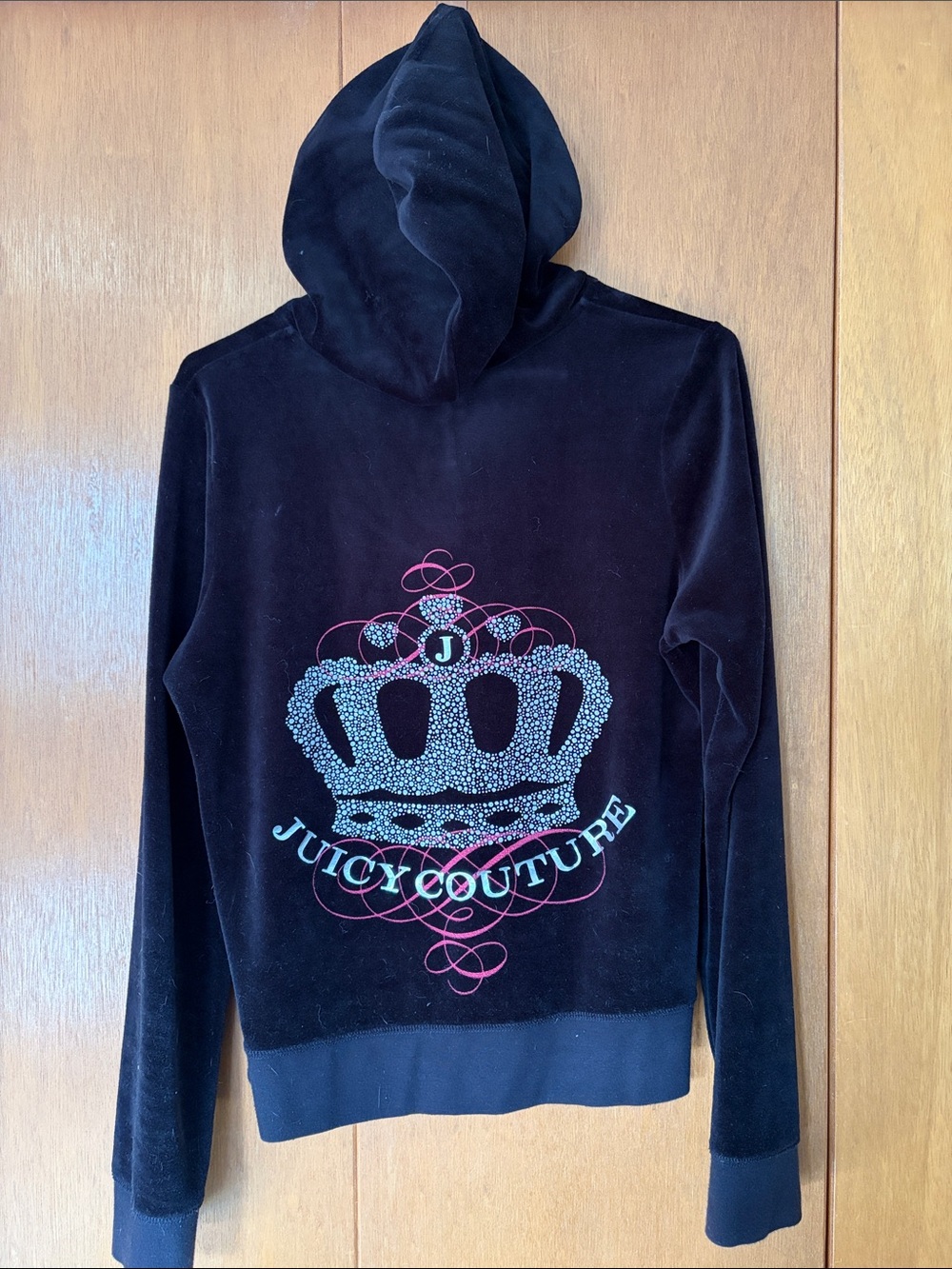 Juicy Couture Black Velour Crown Hoodie with Pink Accents